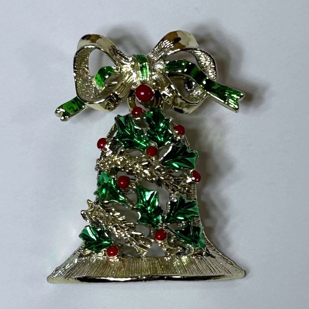 Gerrys Vintage Christmas Bell Brooch Gold Tone Green Holly Red Berries Pin